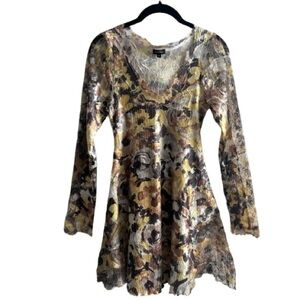 Komarov Long Sleeve Crinkle Poly Floral Mini Dress Sheer Mesh Lettuce Hem V Neck